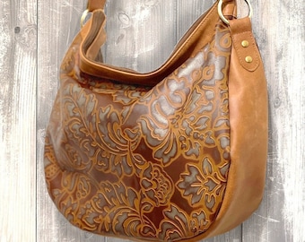 Large Tooled leather hobo, soft leather, tooled leather, Strap Braid, easy zipper, lining options, slip pockets, Caramel leather Hobo