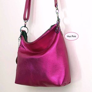 Metallic hot pink crossbody bag, lined bag, zipper pockets, slip pockets, premium soft metallic leather, hobo bag, hardware options