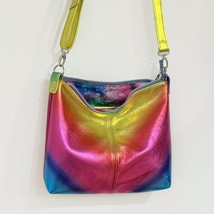 Metallic rainbow crossbody bag, cotton lining, zipper pocket, slip pockets, premium soft metallic leather, hobo bag READY TO SHIP
