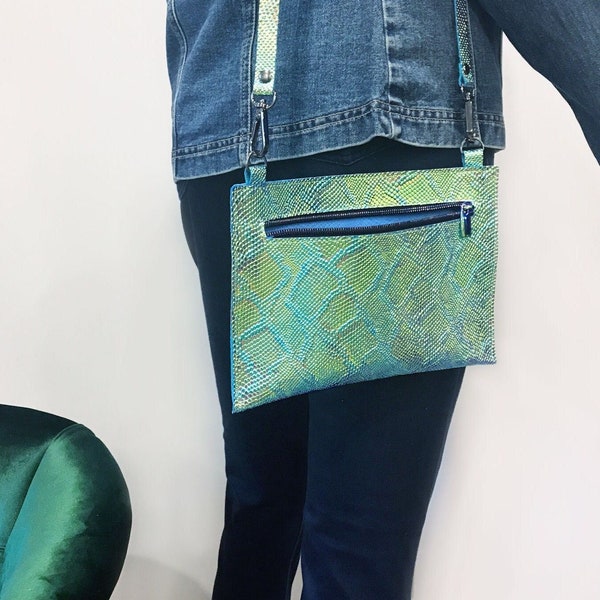 SALE Holographic Snake Crossbody, Adjustable removable Strap, blue suede unlined interior, back phone pocket, Leather Purse, Ready to Ship