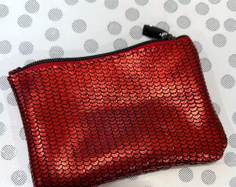 Red Dragon Scale Metallic coin purse, genuine leather iridescent purse reptile pattern pouch with easy glide zipper, natural suede inside