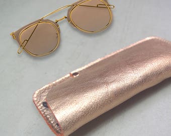 Rose Gold Metallic Leather Glasses Case, Warm Peach Pouch with suede interior