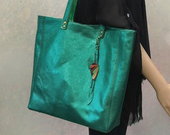 Jade Green Metallic Leather Tote, inside zipper leather pocket, removable leather purse, Soft relaxed leather, 2 sizes, lining option