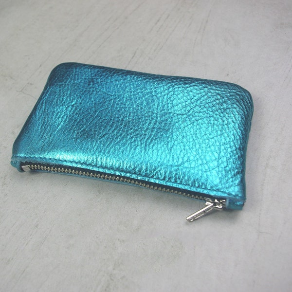 Turquoise Metallic leather zipper purse, metallic purse, gift idea, coin purse Leather pouch with zipper, metallic purse