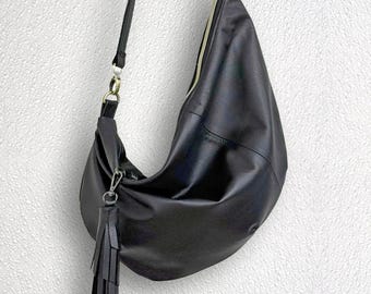 Black Crescent Crossbody Sling bag, Soft Slouchy Half Moon Leather Curved bag with zip pocket