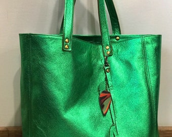 Emerald Green Metallic Leather Tote, inside zipper leather pocket, removable leather purse, Soft relaxed leather, 2 sizes, lining option