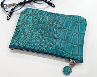 Turquoise croco leather coin purse, croco emboss gift idea, turquoise leather purse, coin purse Leather pouch with zipper, 3rd anniversary