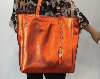 Mango Orange Metallic Leather Tote, inside zipper leather pocket, free leather purse, Soft relaxed leather tote, premium metallic, 2 sizes