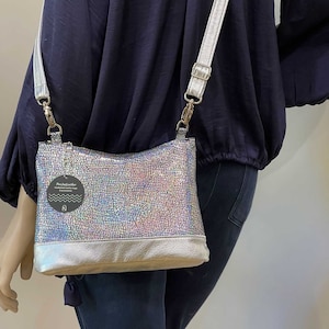 Holographic Iridescent Crossbody Bag, Small Lined Purse, Pocket, Soft Silver Purse, Zipper Closure, Soft Leather, Removable Adjustable Strap