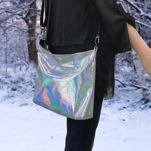 Holographic Silver Crossbody Bag Lining Options Zipper Pockets Premium Italian Holo Leather Removable Adjustable Strap 2 Size Options Etsy