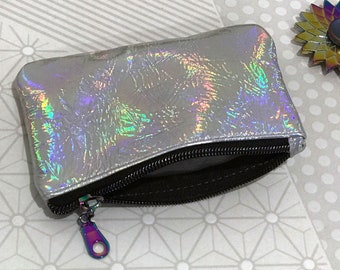 Holographic Leather Coin Purse, rainbow zipper, leather pouch, coin purse with zipper, metallic purse, Italian leather
