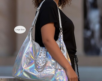 Holographic Italian Leather Hobo, 2 sizes, Hardware Options, adjustable strap, rivets and chain feature, lining options