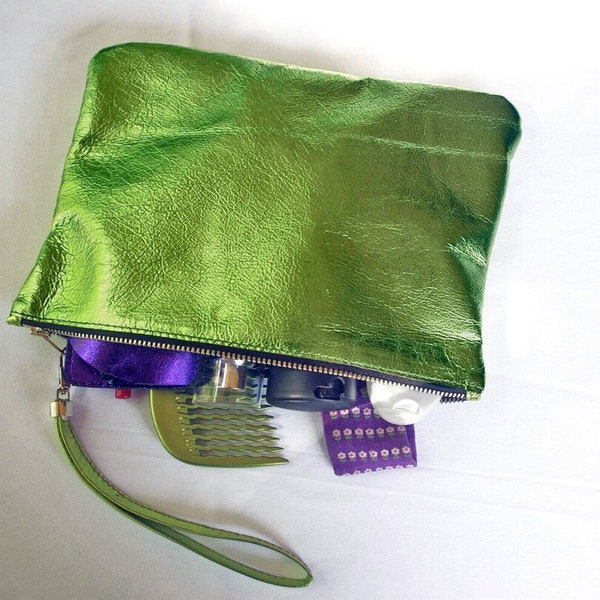 Metallic Lime Green leather wristlet, Green leather Wristlet, metallic lime, Ladies gift idea, 2 sizes, metallic purse, coin purse option