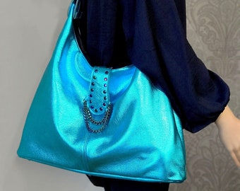 Metallic Turquoise Leather Italian Hobo , Rainbow hardware, 2 sizes, soft premium leather with firm base, lining options