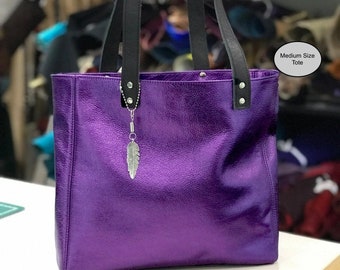 Leather Tote Metallic purple, leather zipper pocket & purse, 2 sizes, Soft purple leather, key clasp, lining options, magnet closure