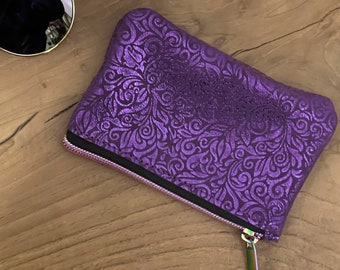 Metallic Purple coin purse, 3rd anniversary gift, leather purse, coin purse Leather pouch with zipper, florentine suede, easy glide zipper