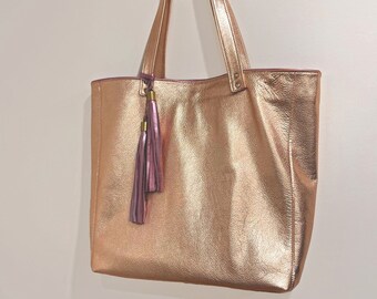 Rose gold Leather Tote, Soft relaxed luxury metallic leather tote, 2 sizes, black leather straps, zipped leather pocket, free leather purse