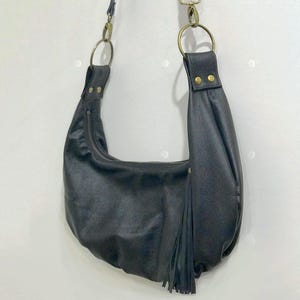 Half Moon black leather bag, smooth soft leather, Crescent bag, lining options, zip & slip pocket, premium soft leather, adjust. wide strap