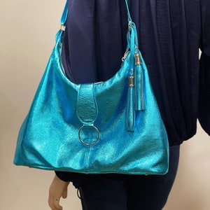 Womens metallic turquoise Italian Hobo, 2 sizes, soft leather bag, premium leather bag, lined, pockets, adjustable strap, double tassel