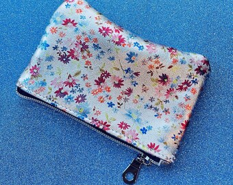 Metallic ditsy floral coin purse, small print on silver leather gift idea, leather purse, coin purse pouch with easy glide zipper