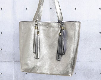 Metallic Silver Leather Tote, inside zipper leather pocket, removable leather purse, Soft relaxed leather, 2 sizes, lining options