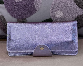 Lavender Metallic Leather Wallet Purse or wristlet, holds cards and iPhone, zipper pocket, lilac purple, genuine leather gift, purse