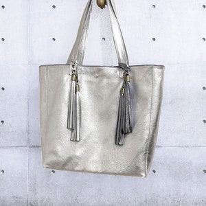 Metallic Silver Leather Tote, inside zipper leather pocket, removable leather purse, Soft relaxed leather, 2 sizes, lining options