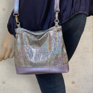 Iridescent Holographic silver crossbody bag, small lined purse, pocket, zipper closure, soft leather, removable adjustable strap image 4