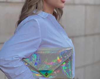 Holographic Clutch Leather crossbody option, wristlet Metallic iridescent gift, clutch purse, metallic, rainbow hardware, card pocket