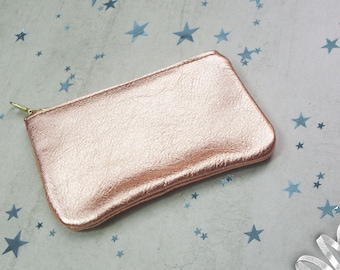Rose Gold leather coin purse, gift idea, metallic leather purse, coin purse Leather pouch with zipper, metal zipper purse