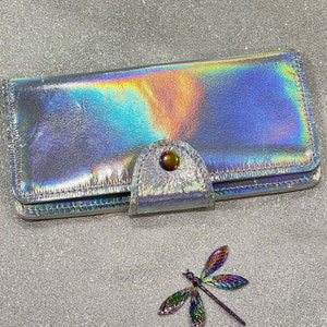 Holographic Iridescent Leather Wallet Purse or wristlet, holds cards and iPhone, zipper pocket, silver holo, genuine leather gift, purse