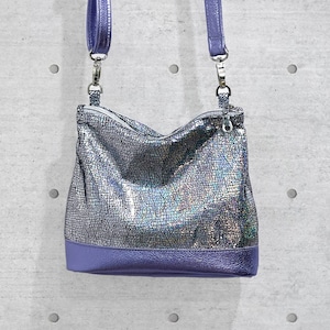 Iridescent Holographic silver crossbody bag, small lined purse, pocket, zipper closure, soft leather, removable adjustable strap image 1