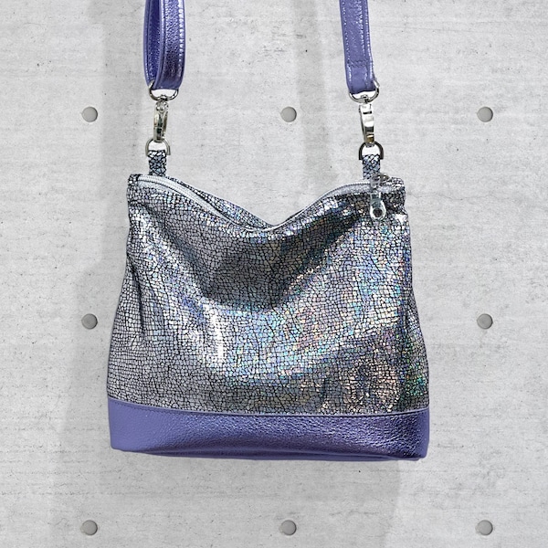 Iridescent Holographic silver crossbody bag, small lined purse, pocket, zipper closure, soft leather, removable adjustable strap