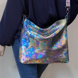 Metallic Oil Slick Leather Crossbody Bag with zipper pockets, premium Italian soft leather, removable adjustable strap, 2 size options