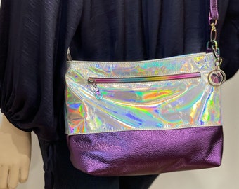 Holographic and purple leather bag, adjustable Crossbody, easy slide zippers, lining options, slip pockets, zipper pocket