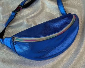 Sling bag, metallic cobalt blue leather, Soft Leather crossbody travel bag, back pocket, cycling bag, secure clasp belt, genuine leather