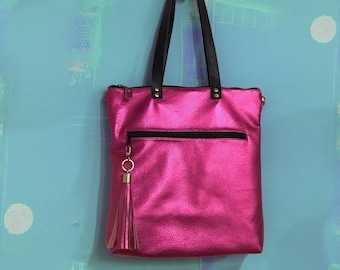Fuchsia Hot Pink Leather Folding Backpack City‎ Bag Italy Convertible Italian Leather Backpack/Crossbody Pink main image 3