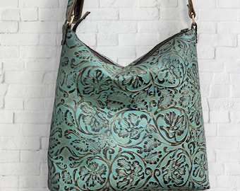 Tooled Turquoise Leather Crossbody Bag, Western Floral, Adjustable Strap, zipper close, lining options