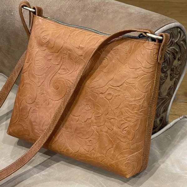 Natural Tan Leather Rustic Tooled Crossbody Bag, 2 sizes, adjustable strap, Lining options, pockets, zipper closure, zipper pocket