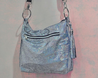 Holographic Leather Crossbody Bag, Silver iridescent Handbag, Handmade Custom Size