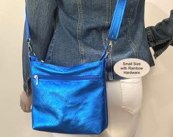 Metallic Cobalt Blue Leather Adjustable Crossbody Bag, Soft Hobo Handbag, Handmade
