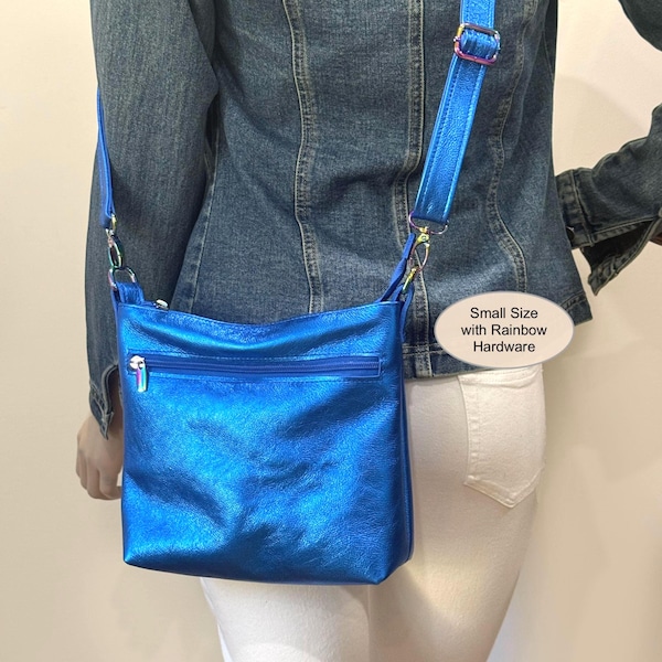 Metallic Cobalt Blue Leather Adjustable Crossbody Bag, Soft Hobo Handbag, Handmade
