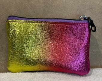 Rainbow Metallic coin purse, leather gift idea, leather purse, coin purse pouch with zipper, easy glide zipper with pull