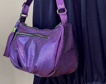 Metallic Purple Leather bag, gathered purse, add leather tassel, lined bag, zipper pockets, premium soft leather, adjust. strap, ling option