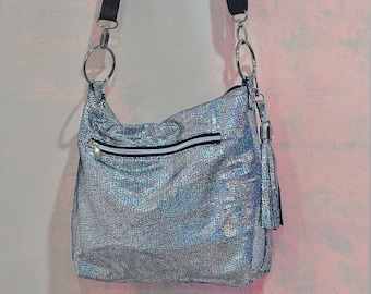 Holographic Silver iridescent crossbody bag, Lining options, zipper pockets, premium Soft leather, removable adjustable strap, 2 sizes