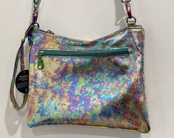 Metallic Rainbow Leather Zipper Wristlet or crossbody metallic purse, leather metallic purse, oil slick color leather, Italian leather