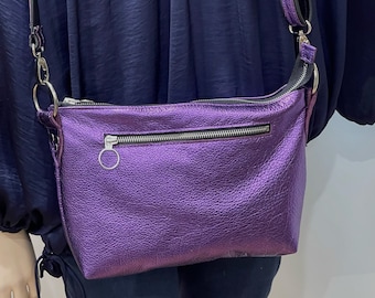 Smaller metallic purple crossbody bag, Lining options, zipper pocket, premium leather, removable adjustable strap, purple crossbody