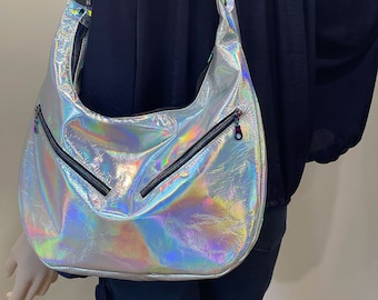 Holographic Leather Hobo with side pocket, hardware options, adjustable wide strap, Italian holographic leather, lining options slip pockets