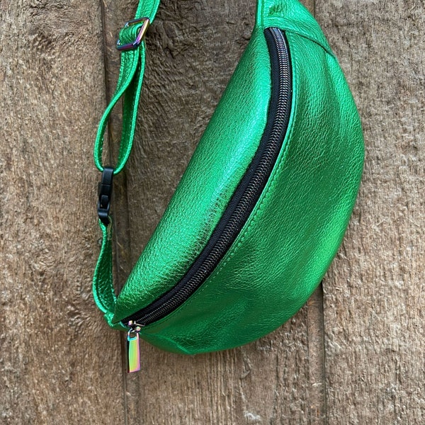 Metallic Green Leather hip bag, Soft Leather waist bag, fanny pack, bum bag, secure clip clasp, adjust belt, size option, hardware option