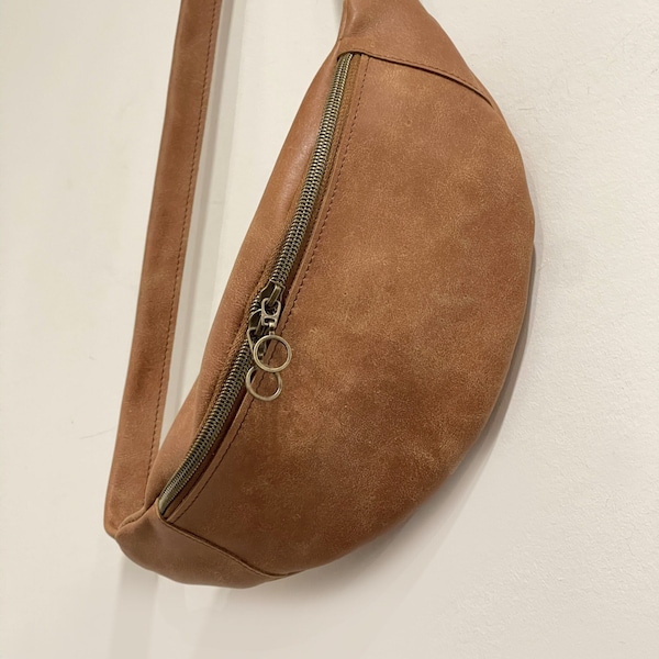 Sling bag, Vintage tan Leather, large soft thick leather crossbody travel bag, back pocket, cycling bag, secure clasp belt, genuine leather